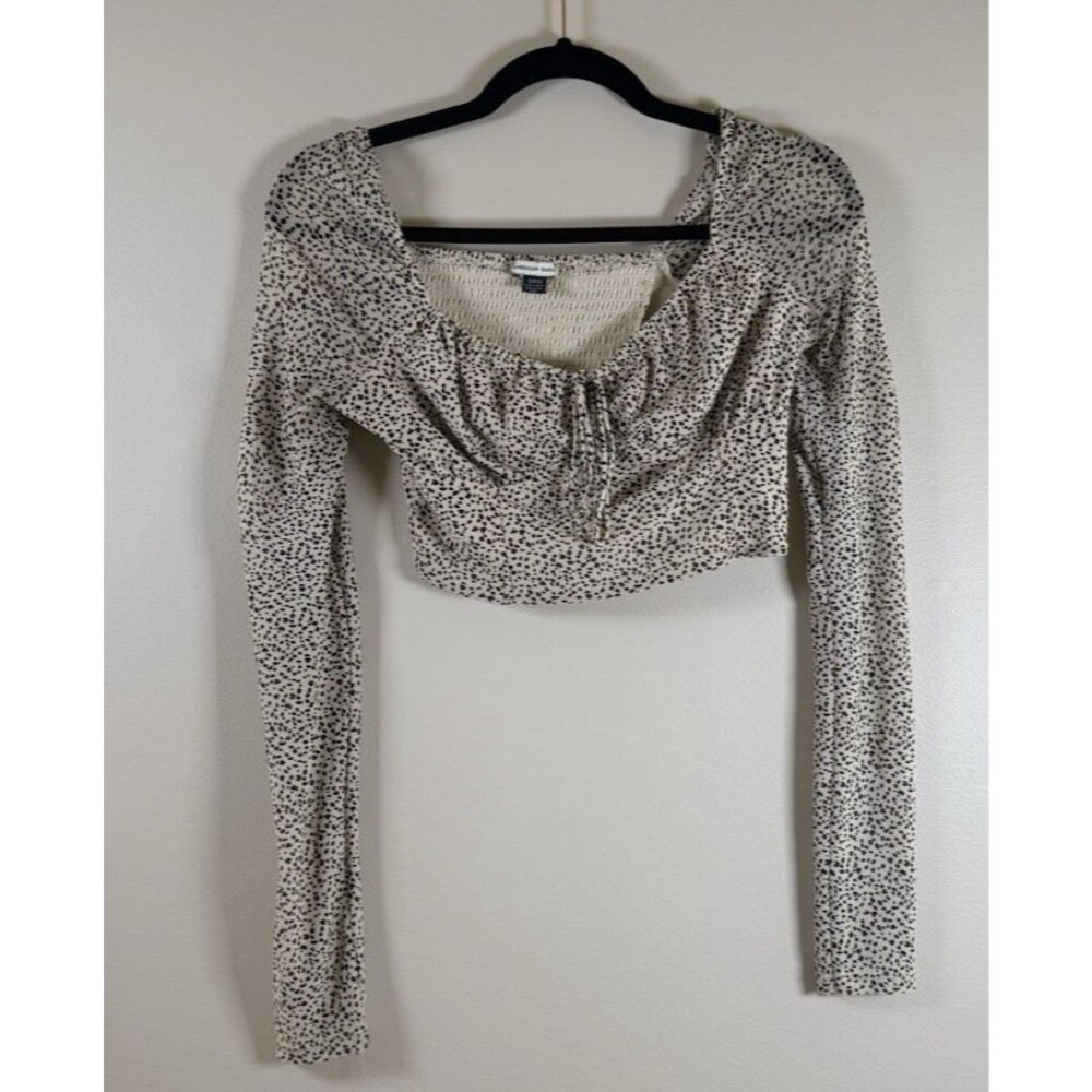American Eagle Beige/Black Animal Print Smocked Ruffle Tie Crop Top - S